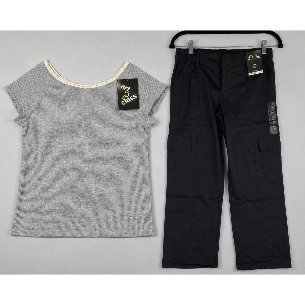 Art Class Girls XL 14 Outfit Set Gray Waffle Knit Top Black Cargo Pants NWT